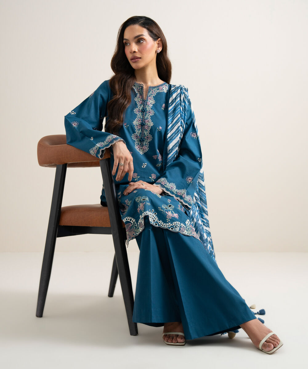 Women's Unstitched Lawn Embroidered Blue  3 Piece Suit