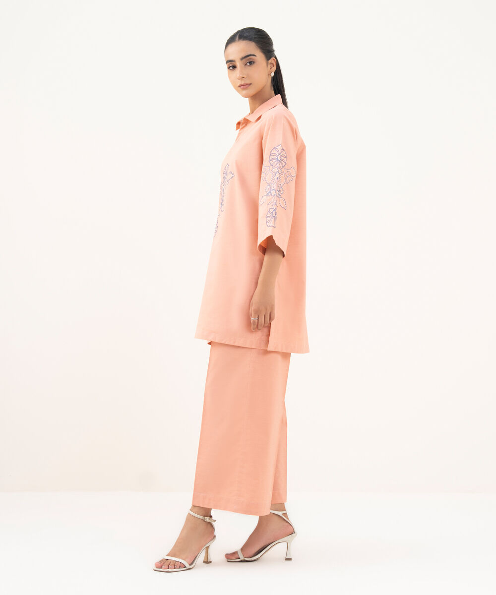 Women's RTW Textured Cotton Pink Embroidered Boxy Shirt