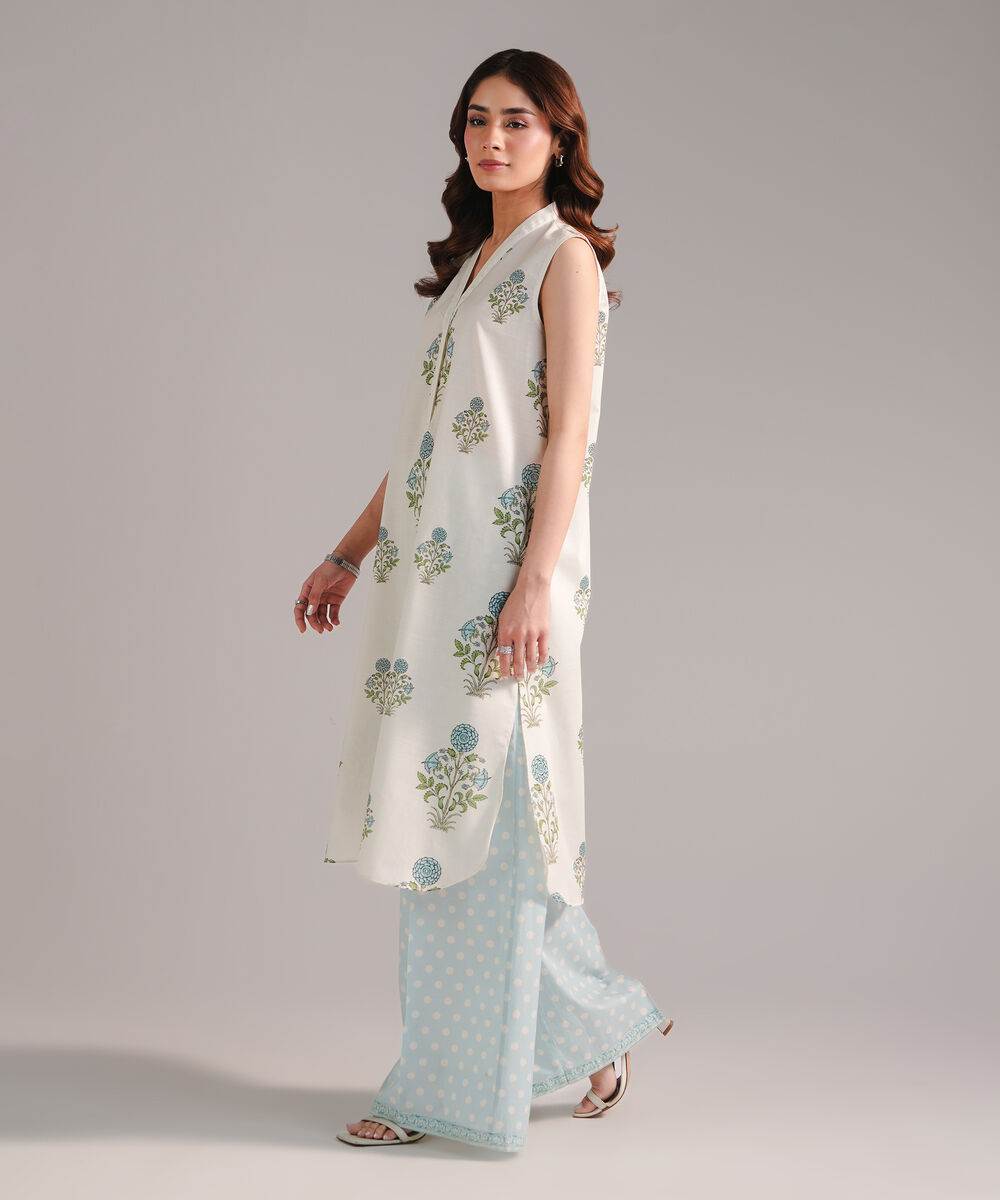 Women's RTW Slub Lawn Printed Light Blue Straight Shirt