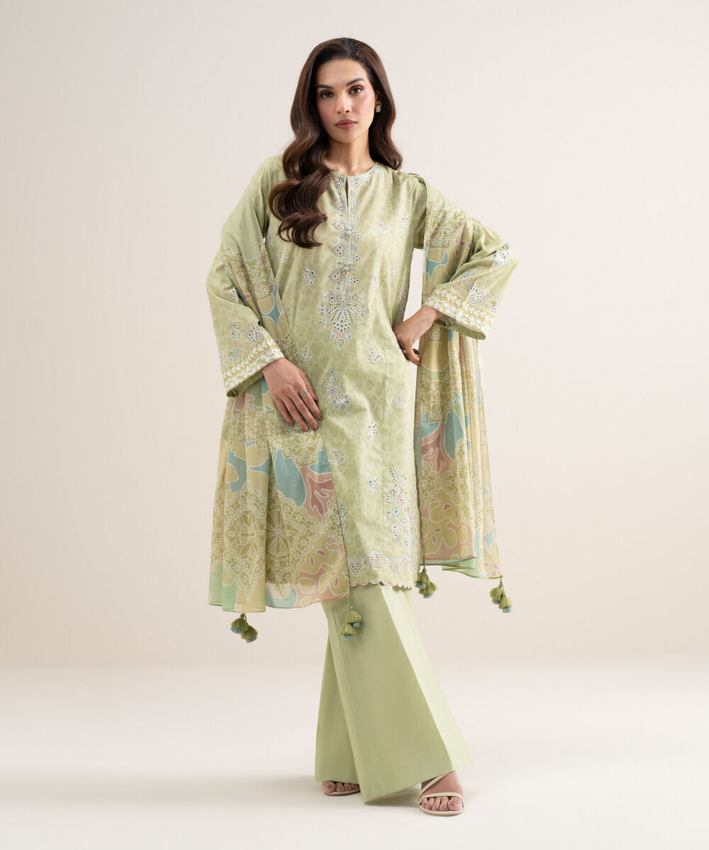 Women's Unstitched Lawn Embroidered Lime Green 3 Piece Suit