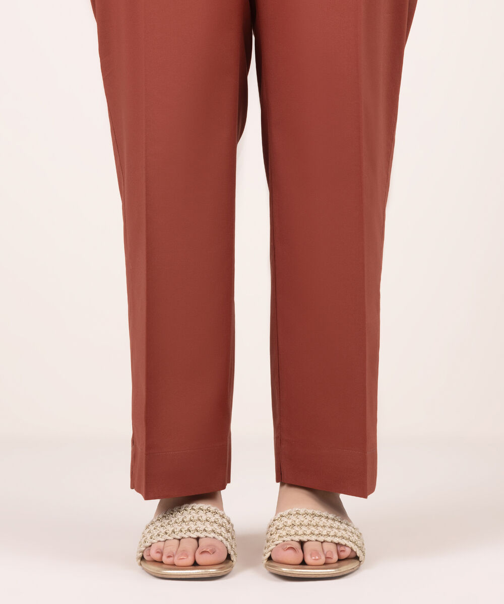 Women's RTW Cambric Solid Brown Straight Pants