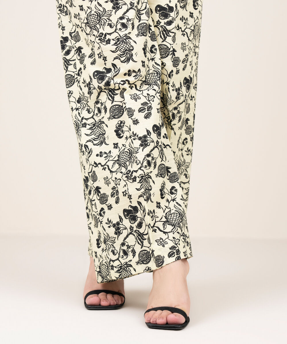 Women's RTW Khaddar Printed Off White Flared Pants