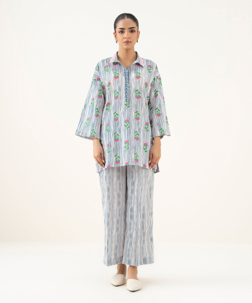 Women's RTW Crosshatch Printed White Drop Shoulder Shirt