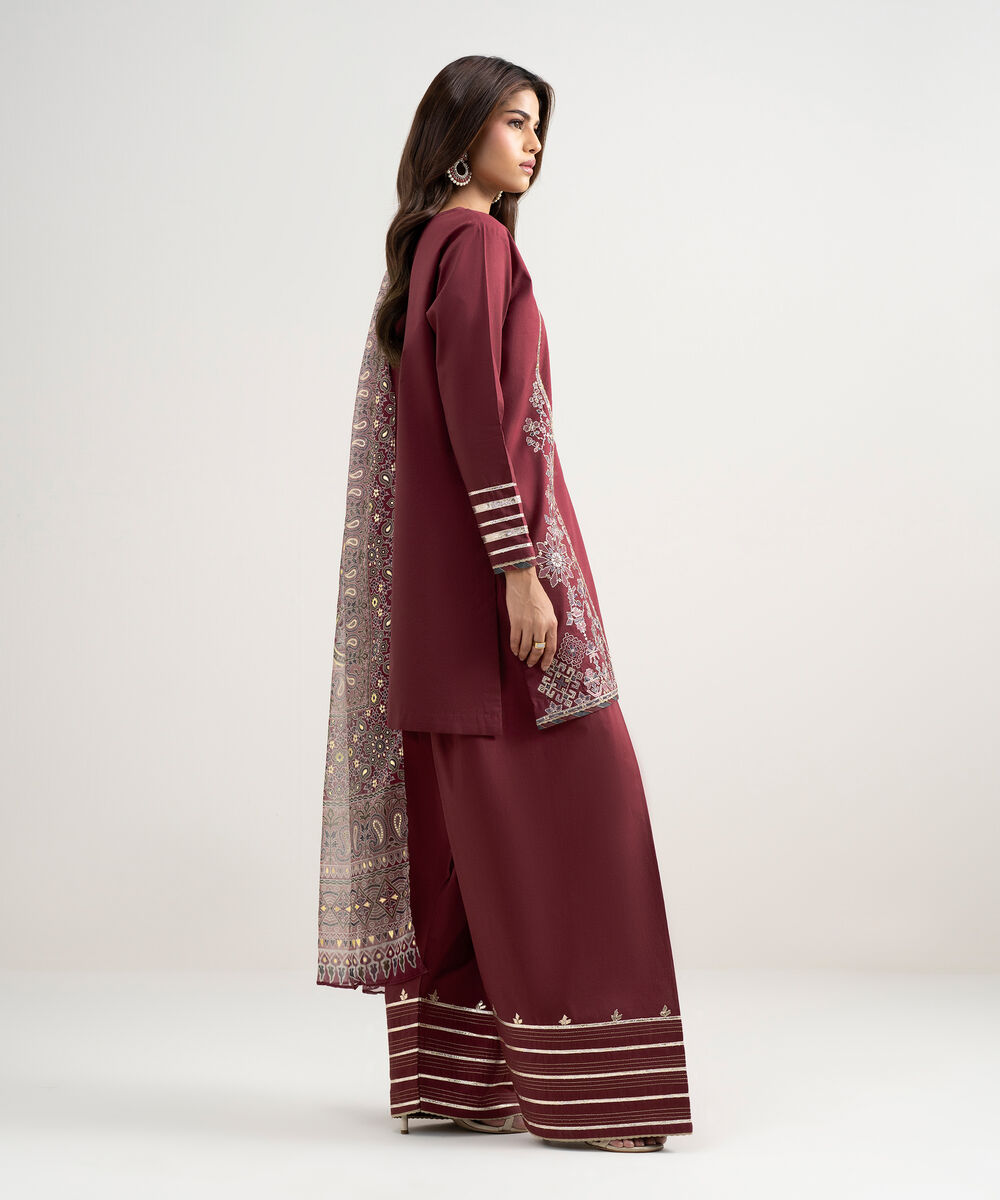 Women's Unstitched Lawn Embroidered Red 3 Piece Suit