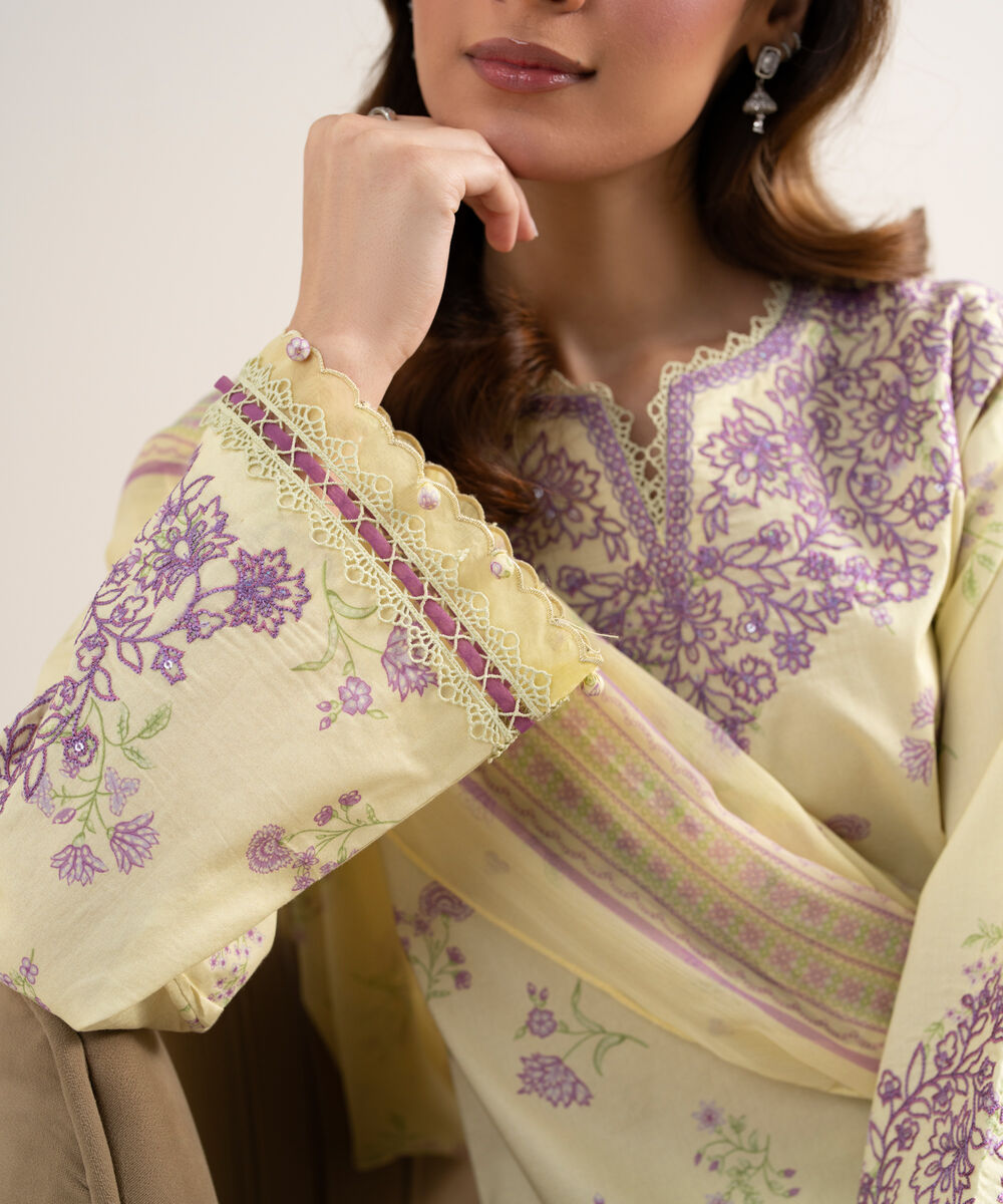 Women's Unstitched Lawn Embroidered Yellow 3 Piece Suit