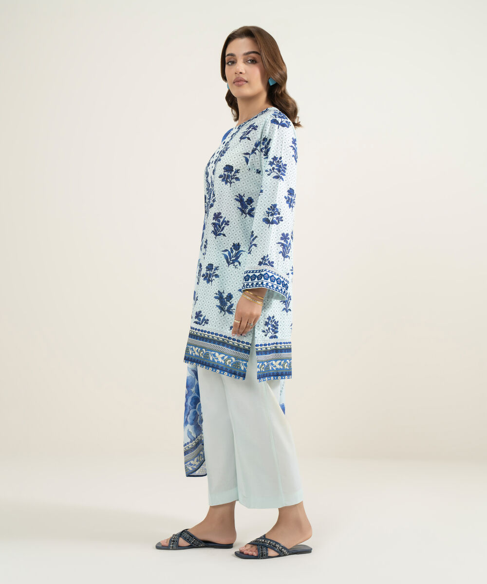 Women's RTW Slub Lawn Embroidered Blue 3 Piece Suit