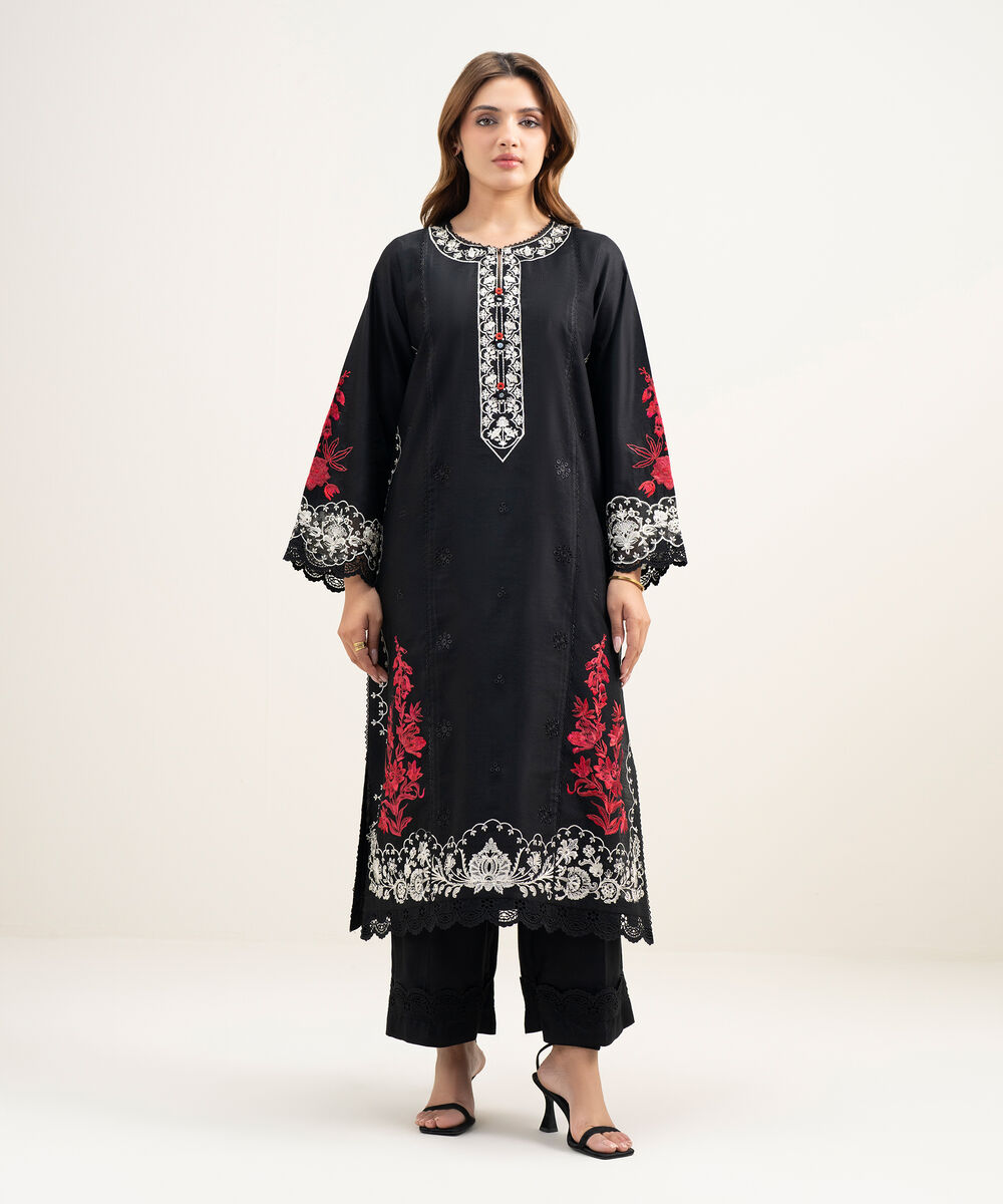 Women's RTW Viscose Thai Silk Embroidered Black 2 Piece Suit