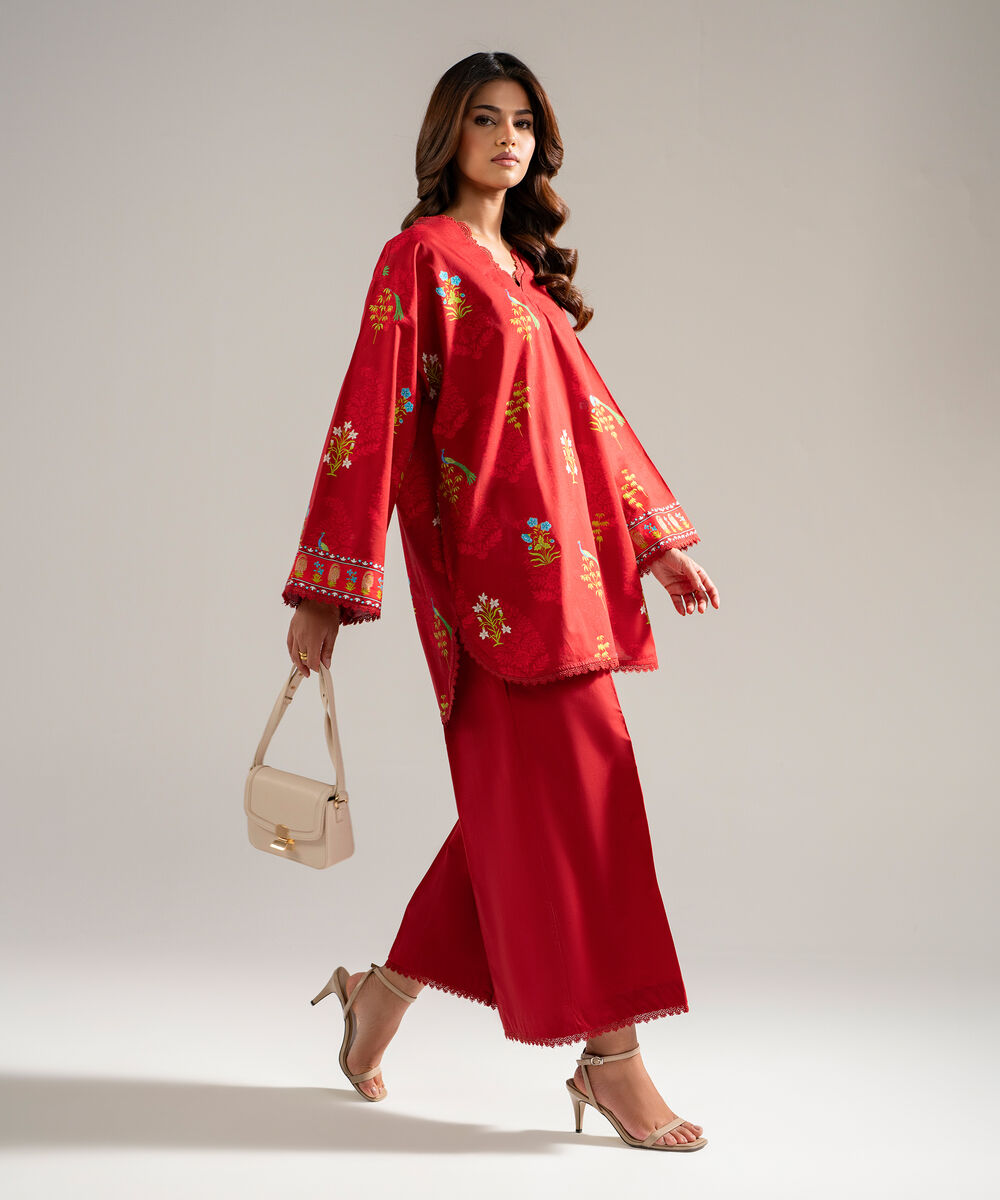Women's RTW Slub Lawn Printed Red Drop Shoulder Shirt