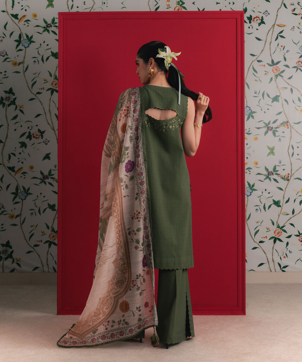 Women's Unstitched Dobby Embroidered Green 3 Piece Suit