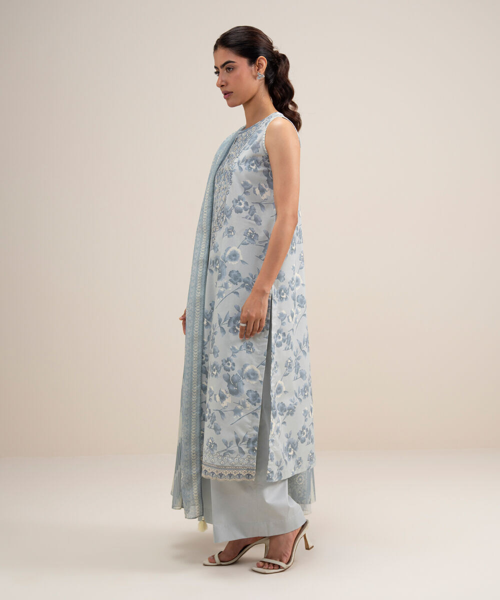 Women's Unstitched Lawn Embroidered Light Grey 3 Piece Suit