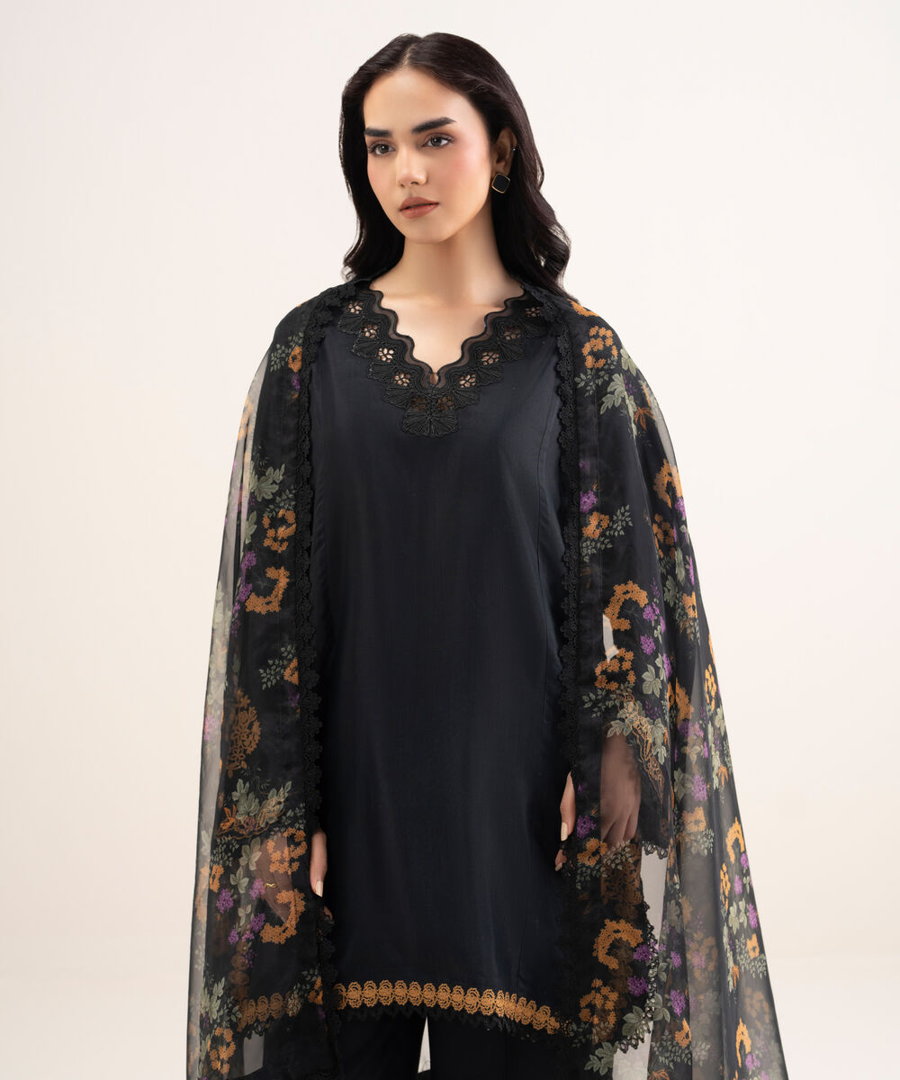 Women's RTW Viscose Raw Silk Embroidered Black 3 Piece Suit