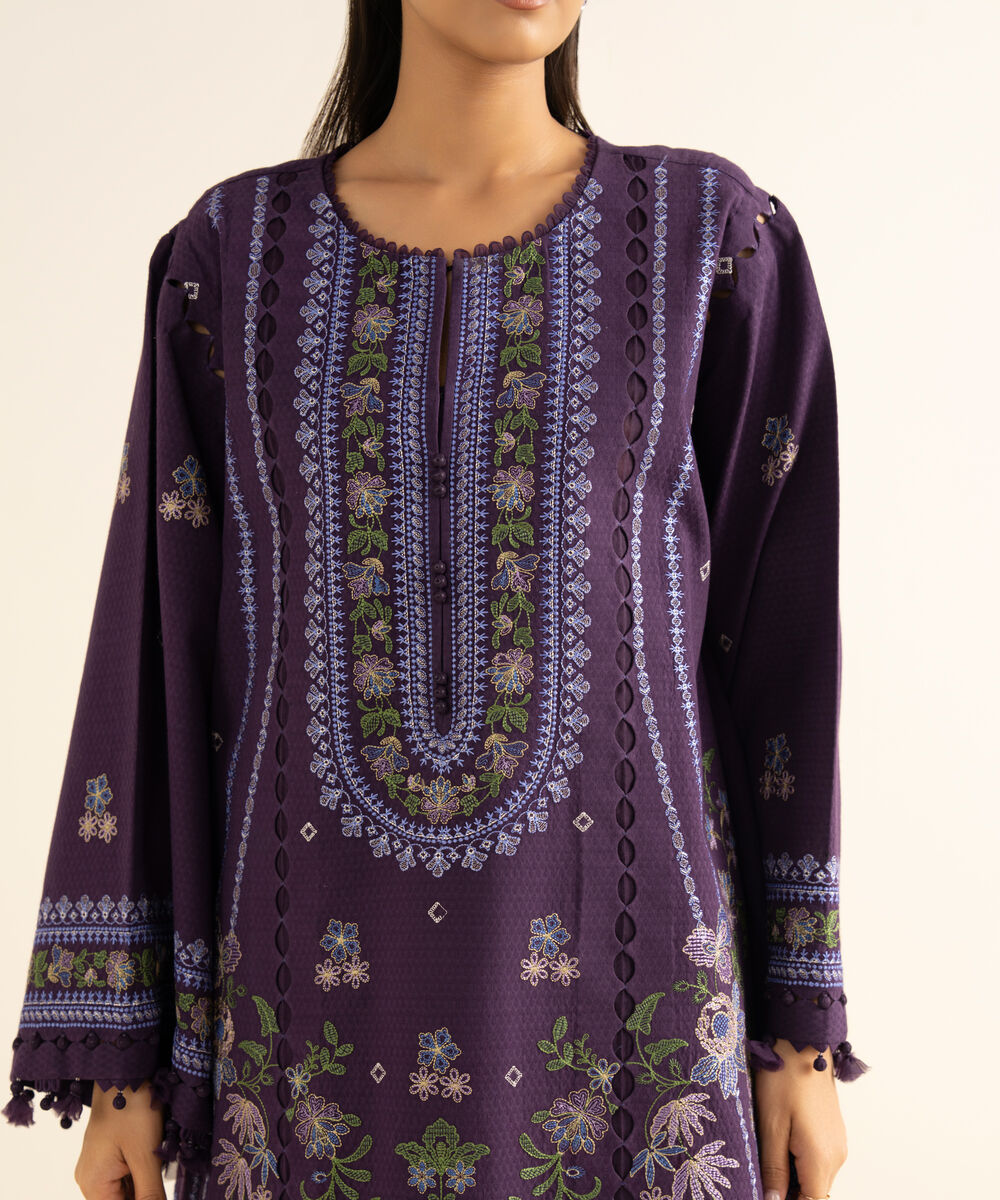 Women's Unstitched Dobby Embroidered Purple 3 Piece Suit