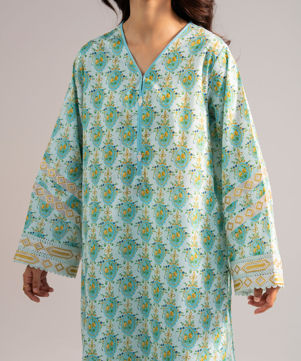 Women's RTW Lawn Embroidered Light Blue Straight Shirt