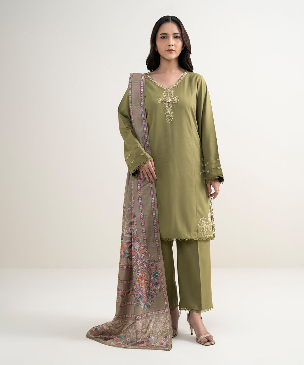 Women's RTW Raw Silk Viscose Embroidered Green 3 Piece Suit