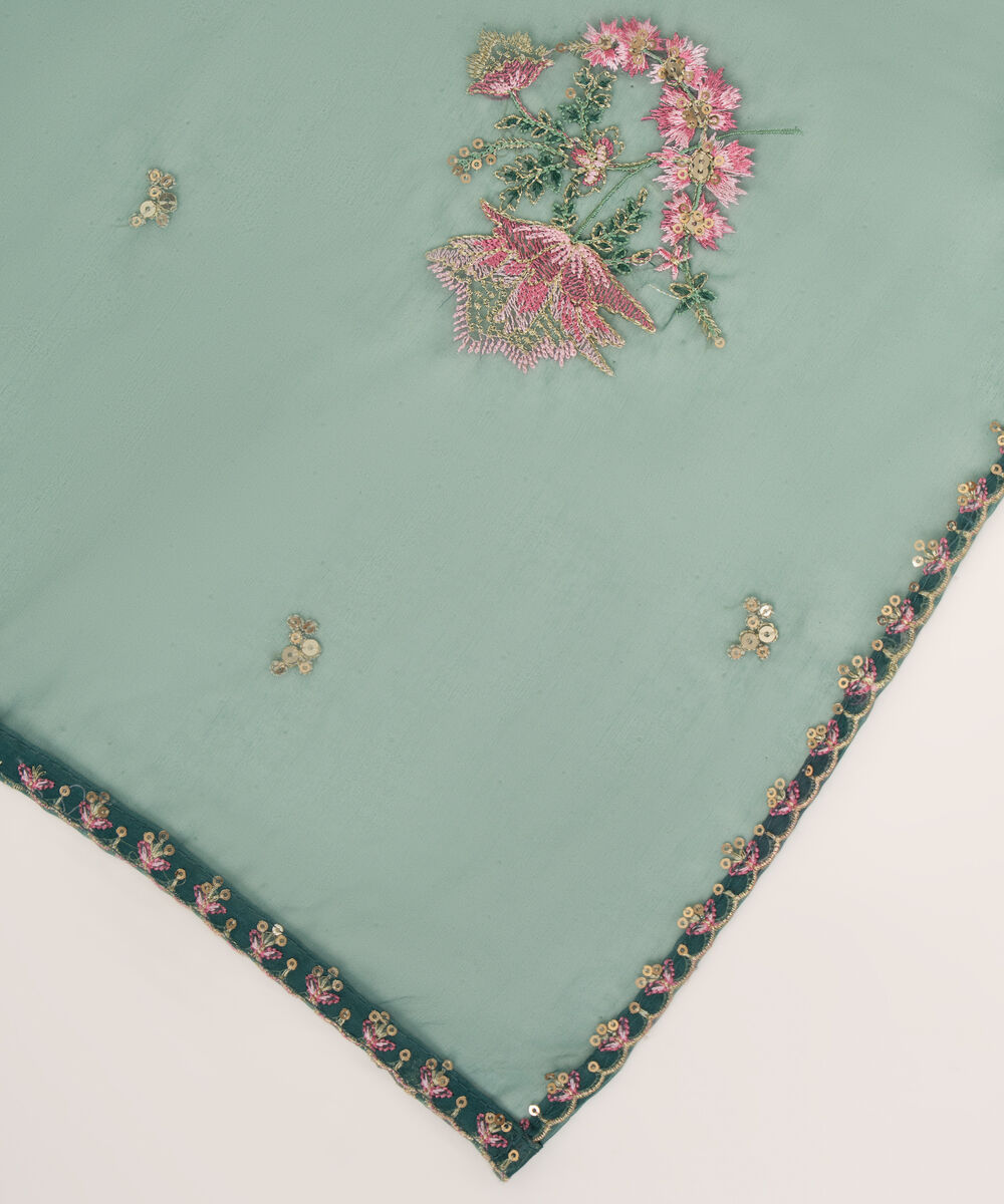 Blended Organza Green Embroidered Dupatta