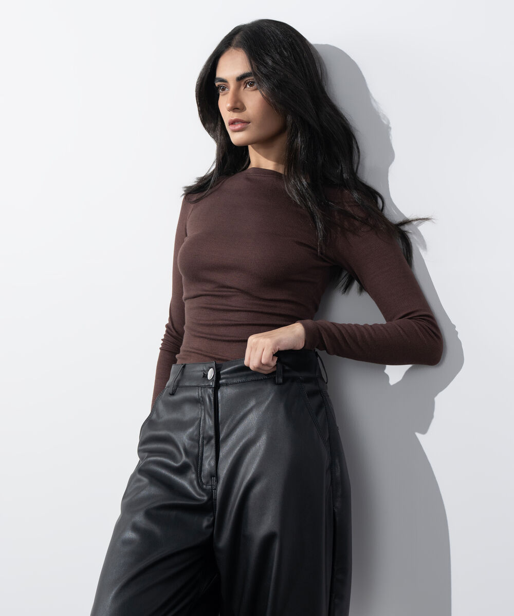 Women's Western Wear Brown Slash Neck Rib Top