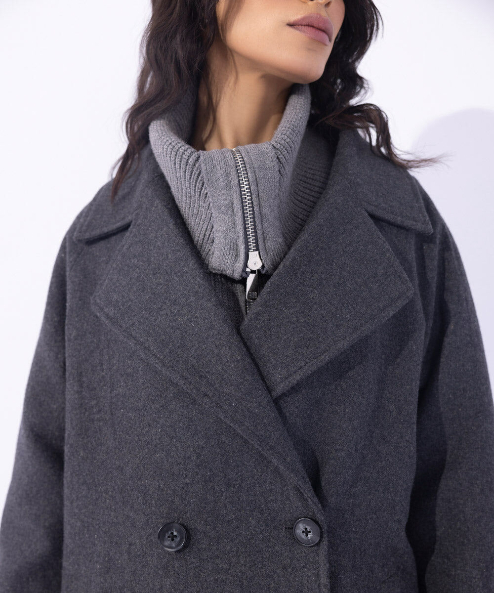 Woman - Grey Double Breasted Long Coat