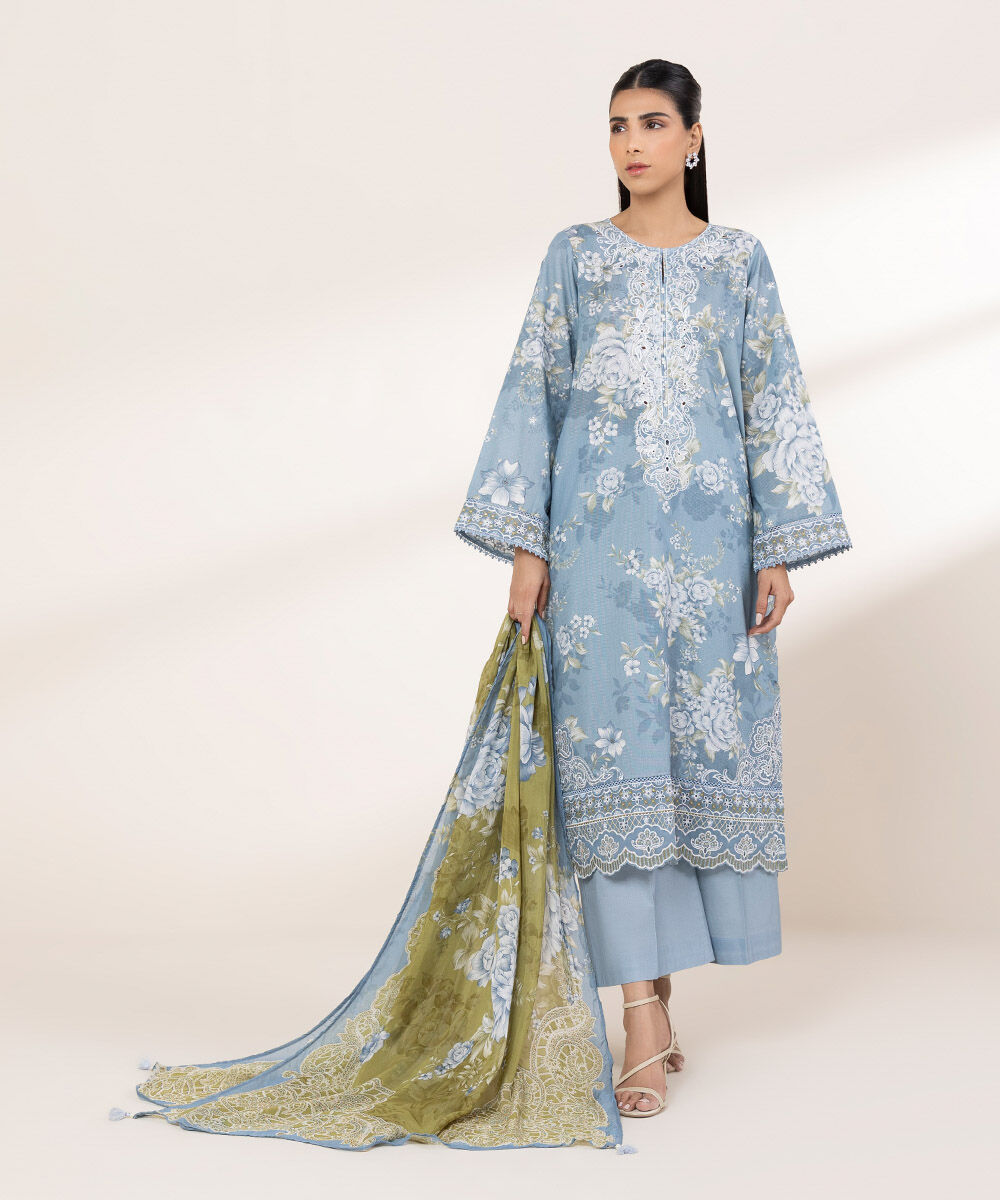 Women's RTW Zari Lawn Blue Embroidered A-Line Shirt