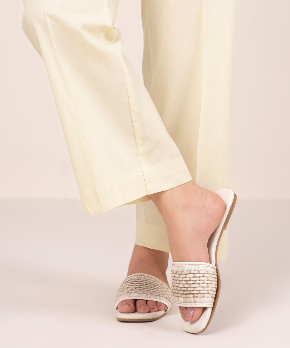 Women's RTW Cotton Viscose Solid Off White Straight Pants