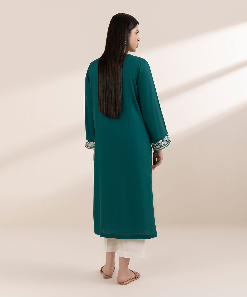 Women's RTW Arabic Lawn Green Embroidered A-Line Shirt