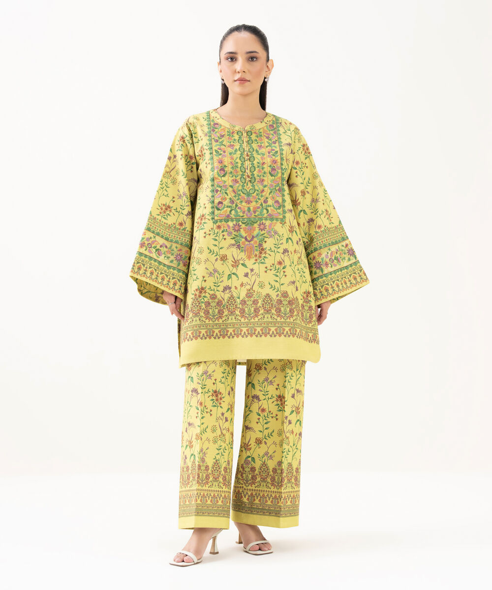 Women's Unstitched Khaddar Embroidered Yellow 2 Piece Suit
