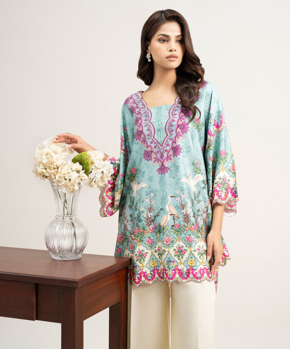 Women's RTW Premium Visocose Satin Printed Blue Drop Shoulder Shirt