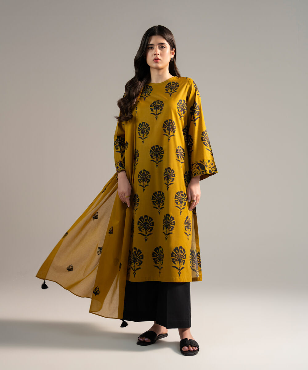 Women's RTW Pima Cotton Printed Mustard Yellow 3 Piece Suit