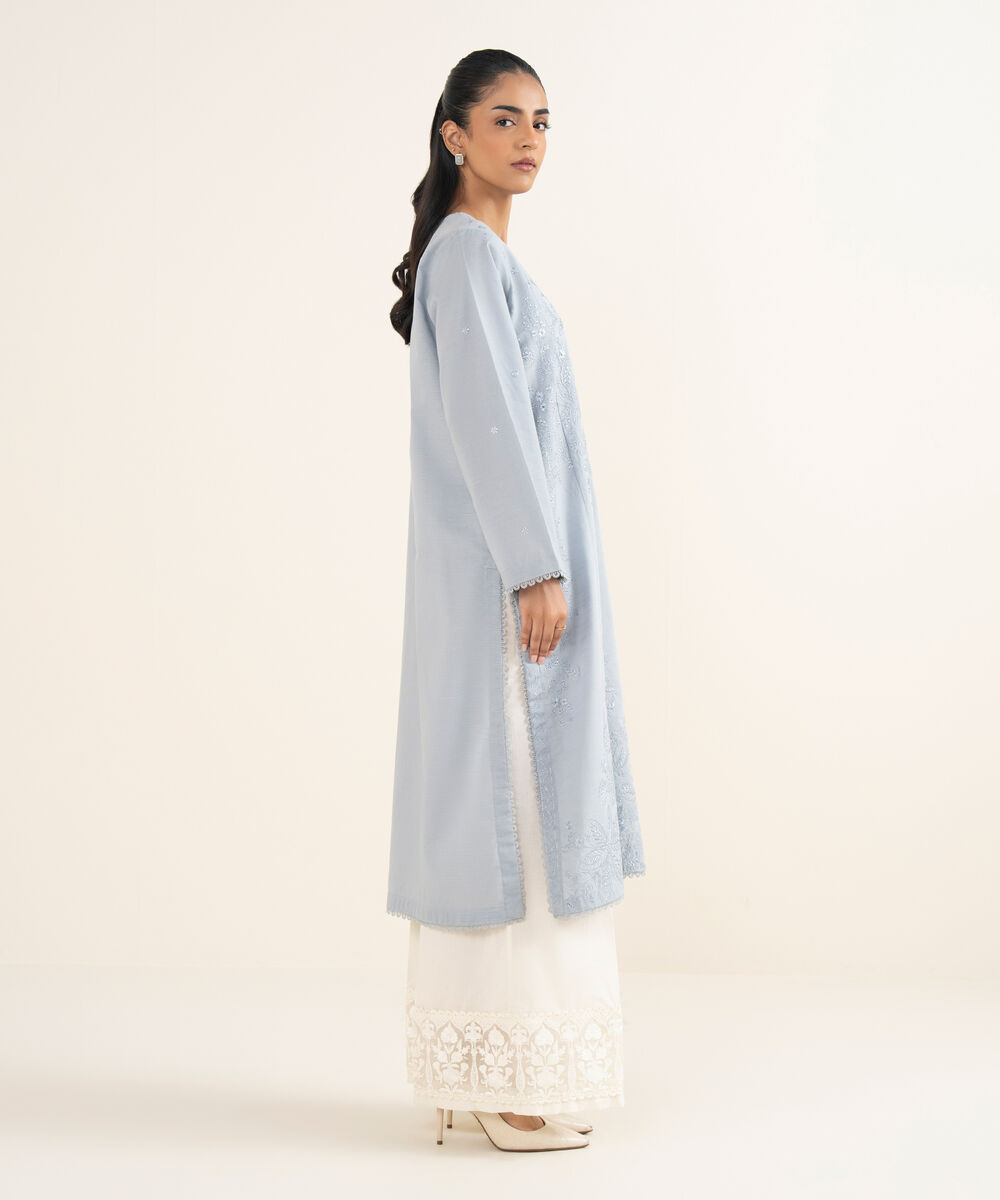 Women's RTW Cotton Embroidered A-Line Ice Blue Shirt