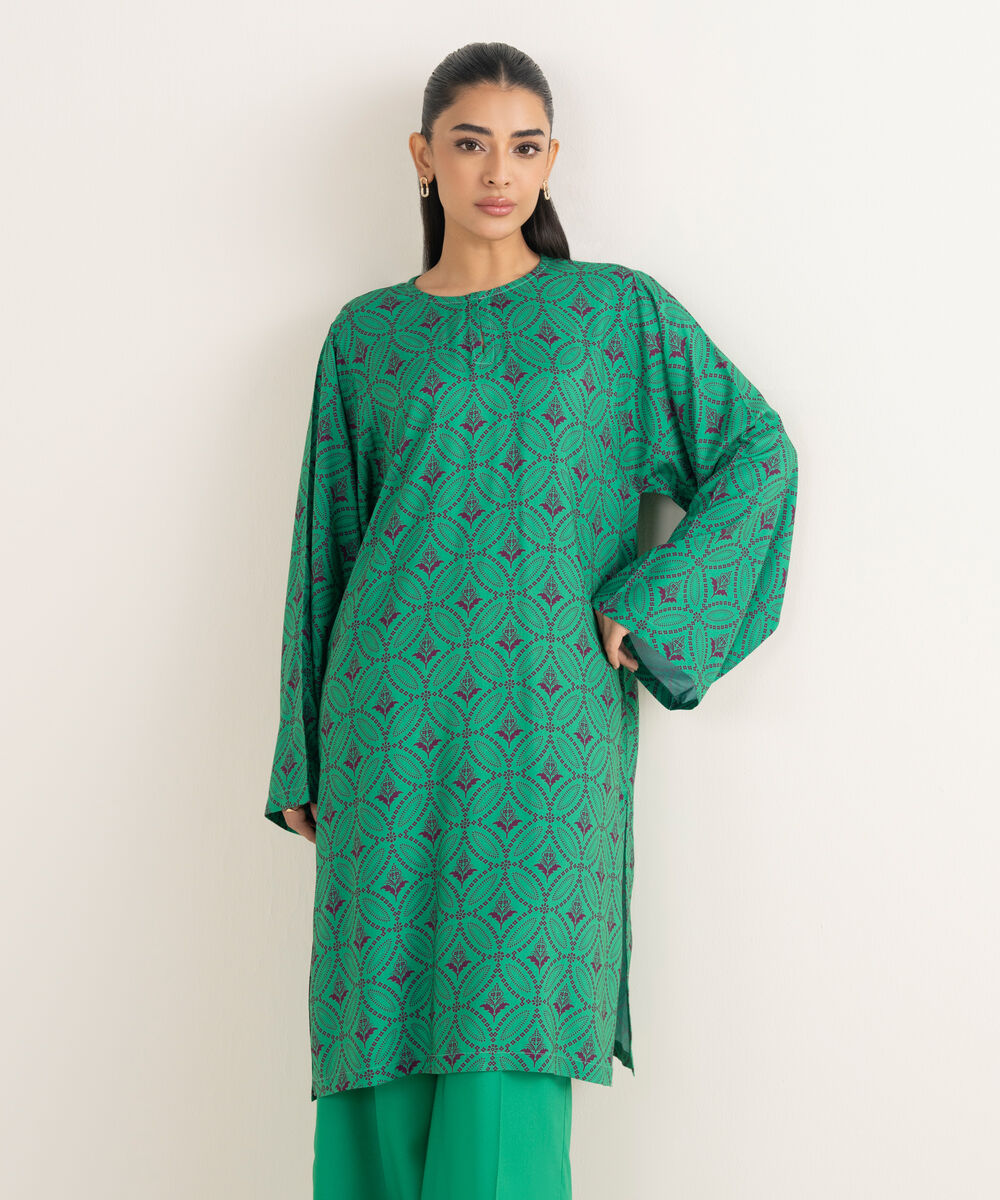 Women's RTW Linen Printed Green Straight Shirt