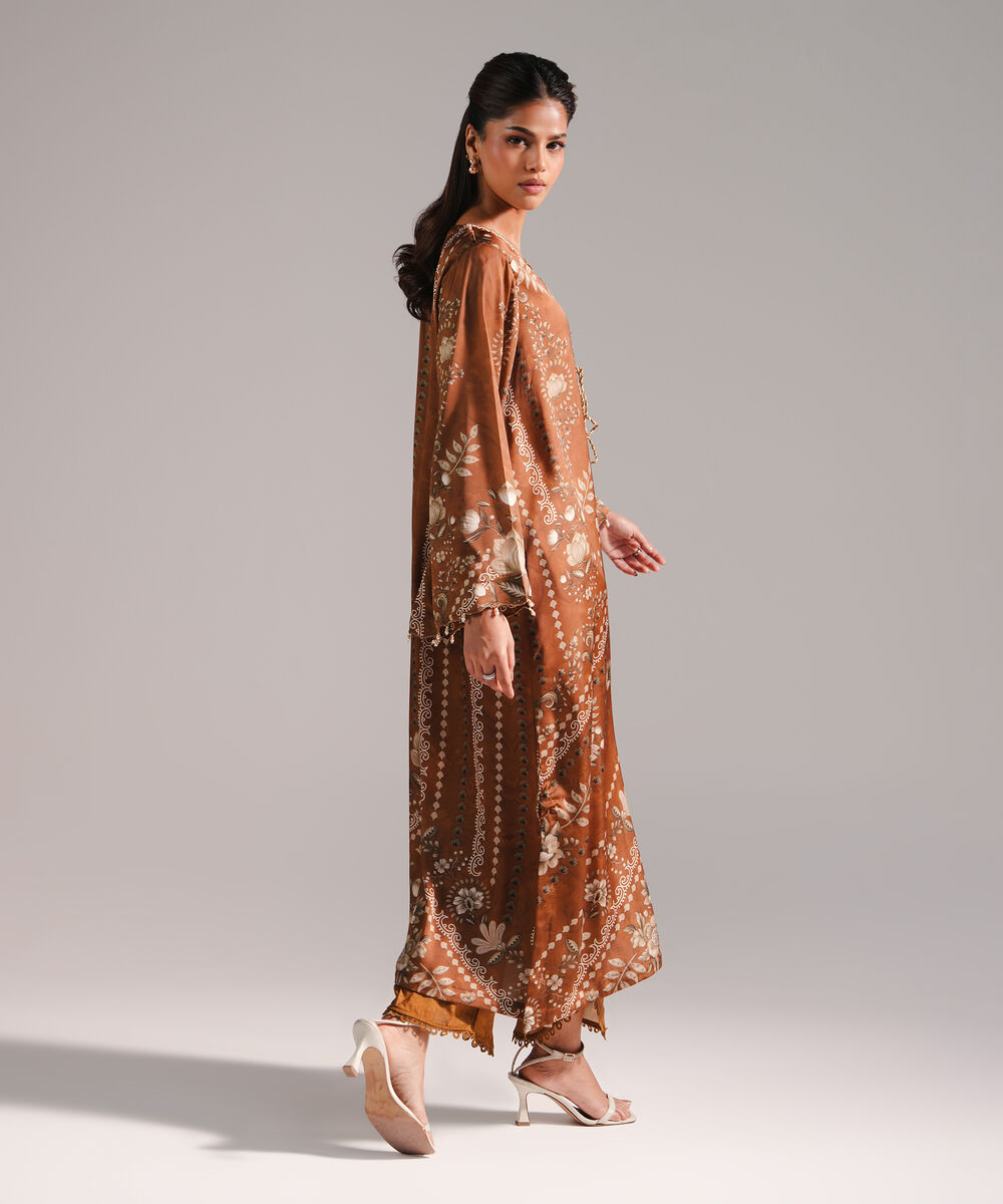 Women's RTW Blended Satin Printed Brown 2 Piece Suit