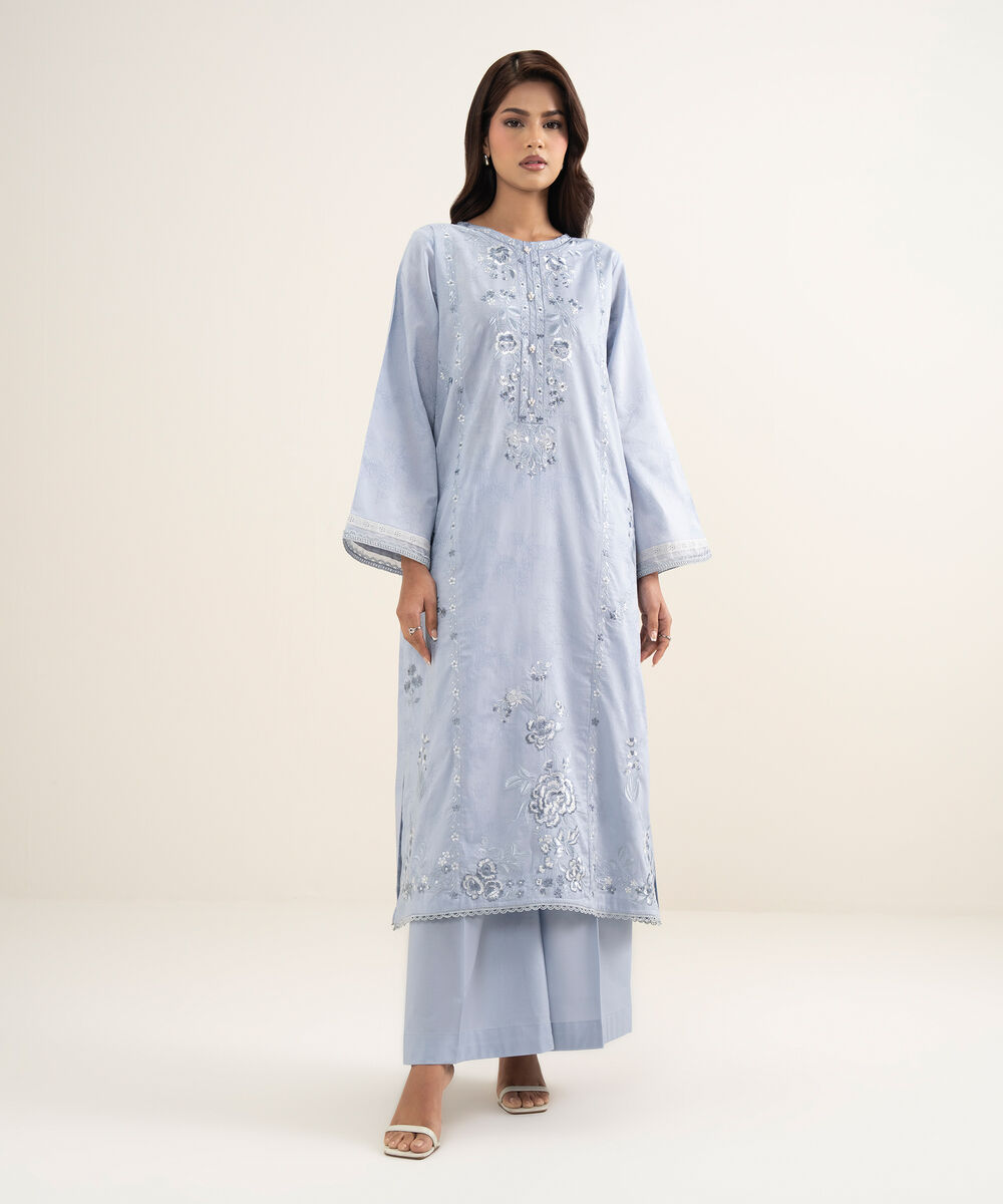 Women's RTW Self Jacquard Embroidered Blue A-Line Shirt