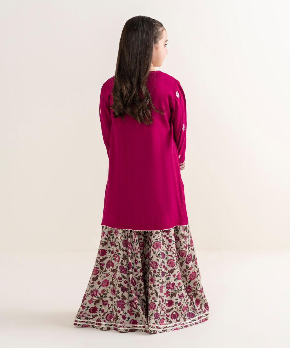 Girl's Viscose Raw Silk Pink Embroidered 2 Piece Suit