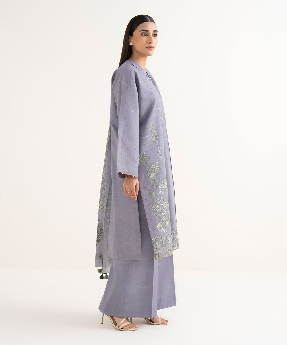 Women's Unstitched Light Khaddar Embroidered Purple 3 Piece Suit
