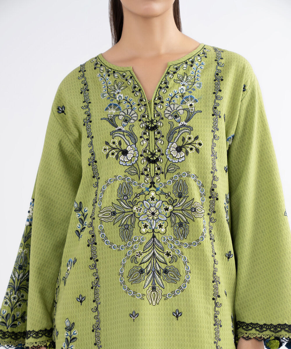 Women's Unstitched Dobby Embroidered Green 3 Piece Suit