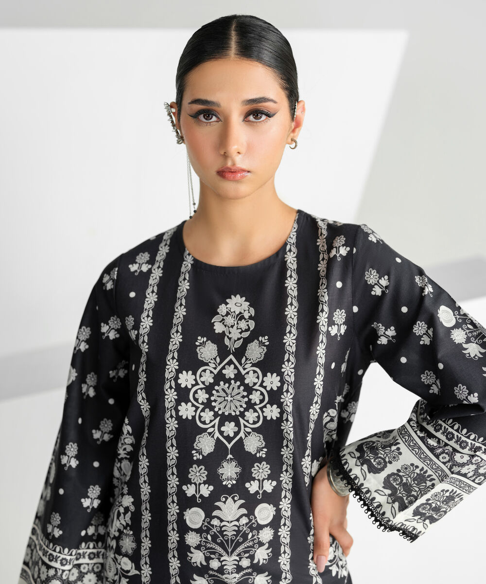 Women's RTW Lawn Black Printed A-Line Shirt