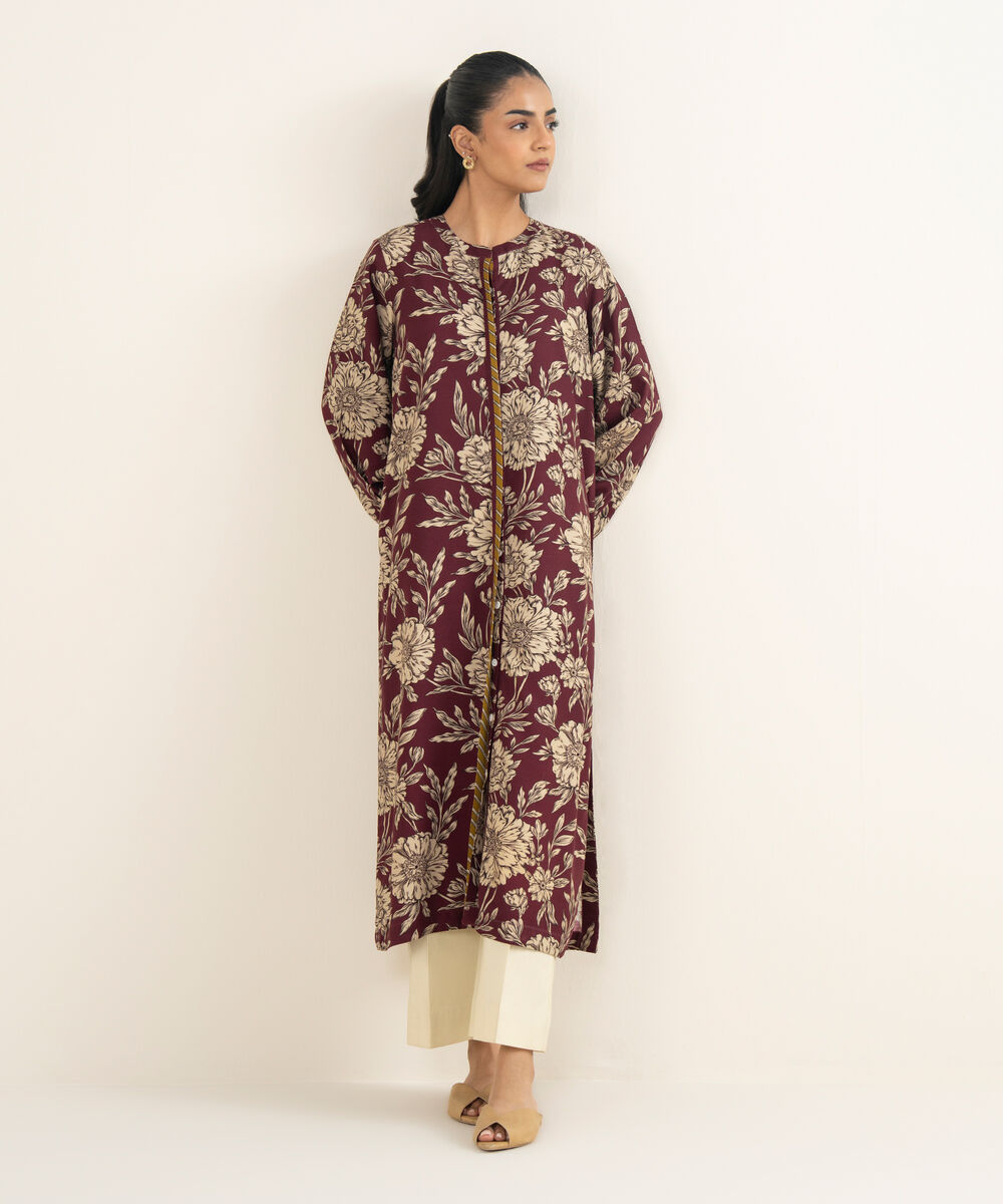 Women's RTW Herringbone Printed Maroon Front Open Jacket