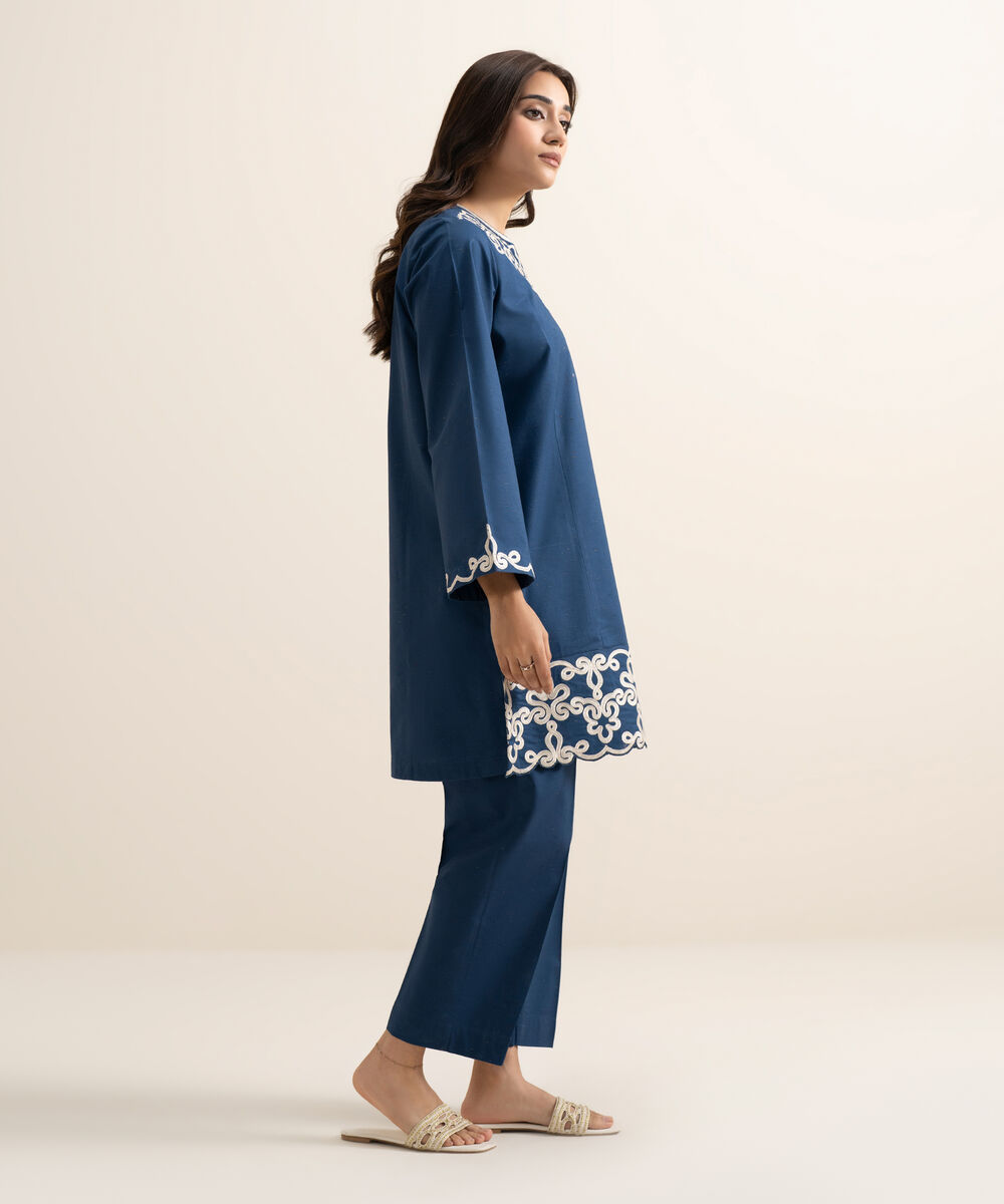 Women's RTW Multi Neps Embroidered Blue Straight Shirt