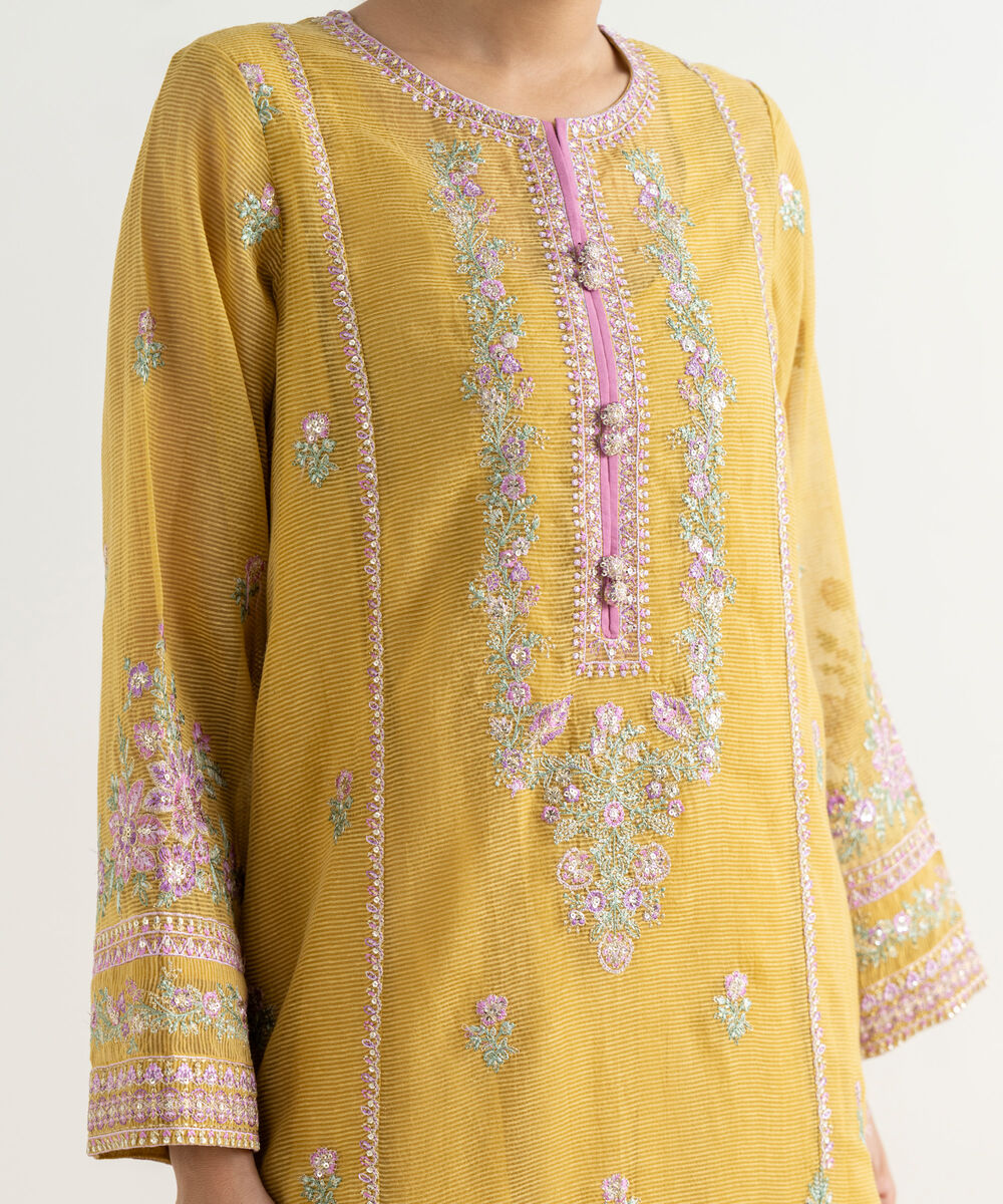 Women's RTW Blended Textured Karandi Embroidered A-Line Yellow Shirt