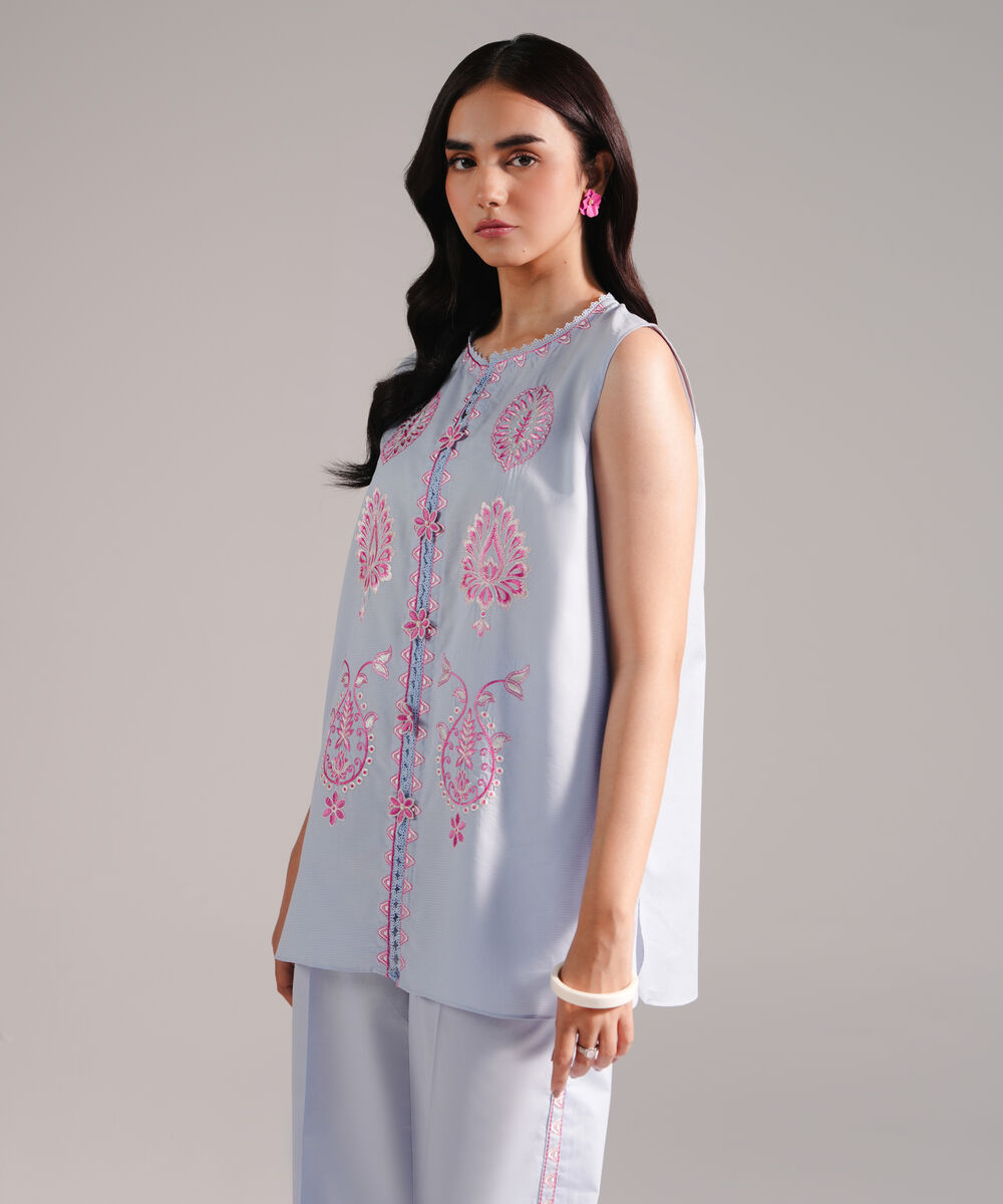 Women's RTW Zari Lawn Embroidered Ice Blue Straight Shirt