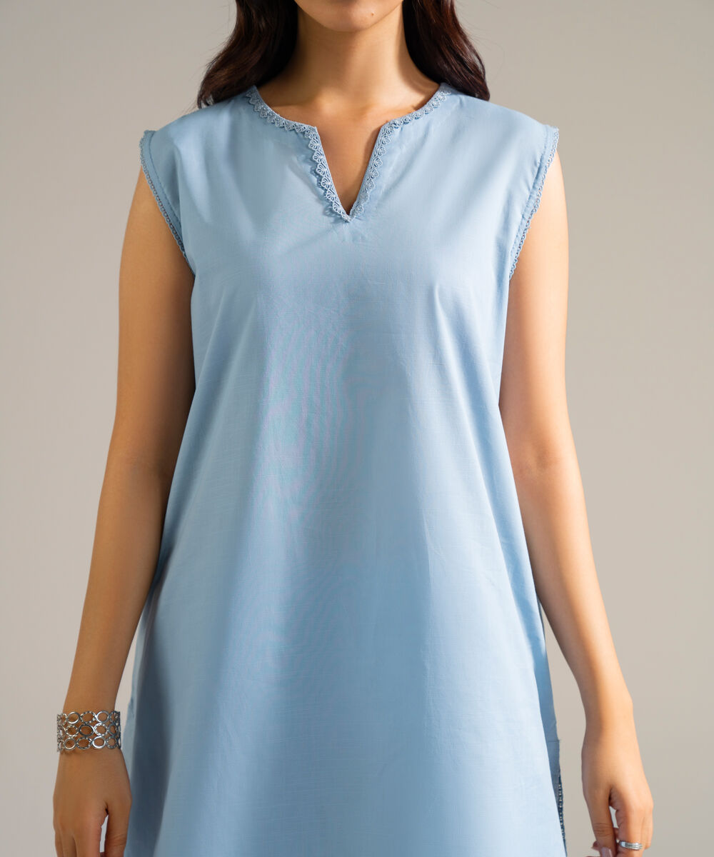 Women's RTW Slub Lawn Solid Blue 3 Piece Suit