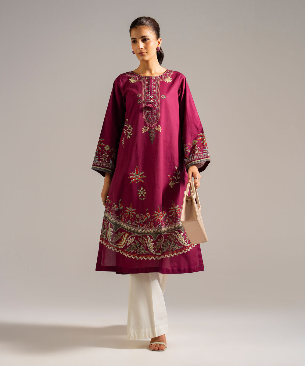 Women's RTW Lawn Printed Purple Straight Shirt