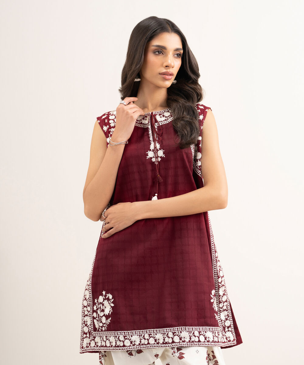 Women's RTW Cotton Embroidered Red Straight Shirt