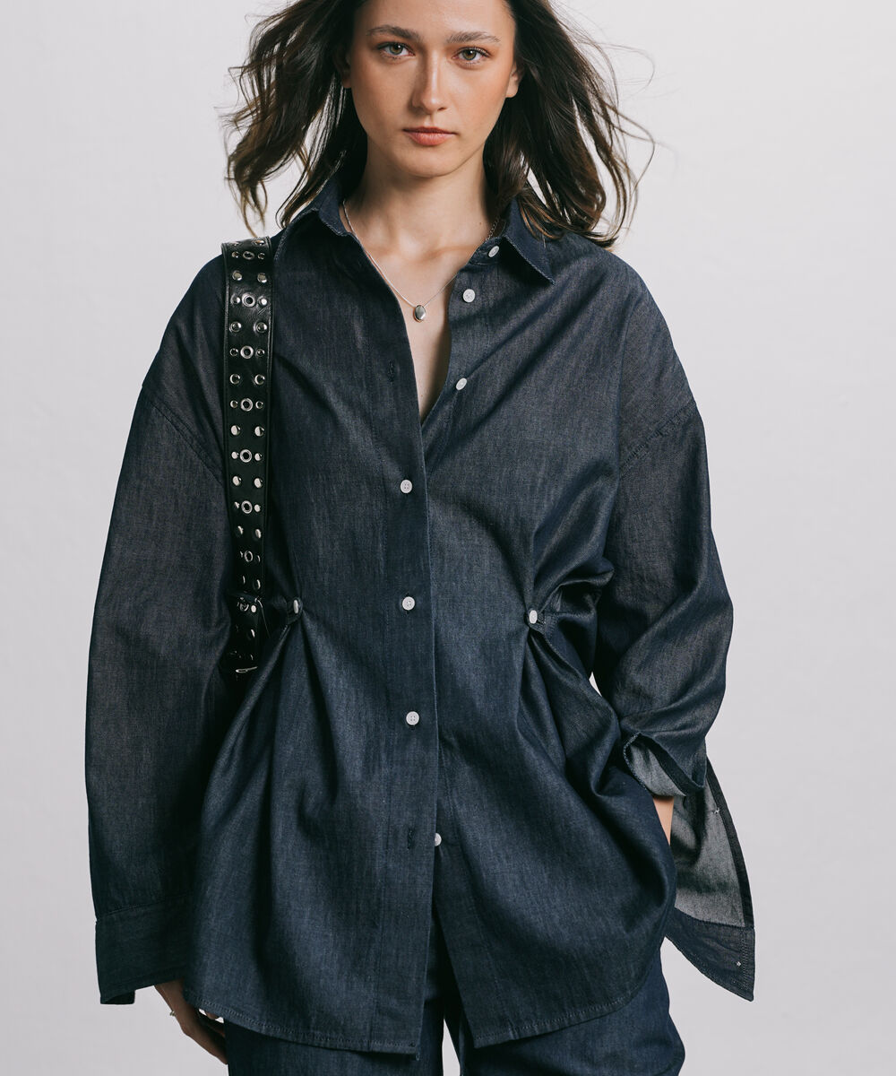 Women's Western Wear Blue Cinched Waist Button Through Shirt