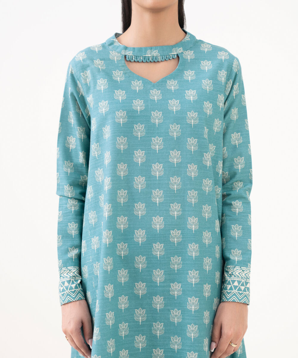 Women's Unstitched Khaddar Printed Blue 3 Piece Suit