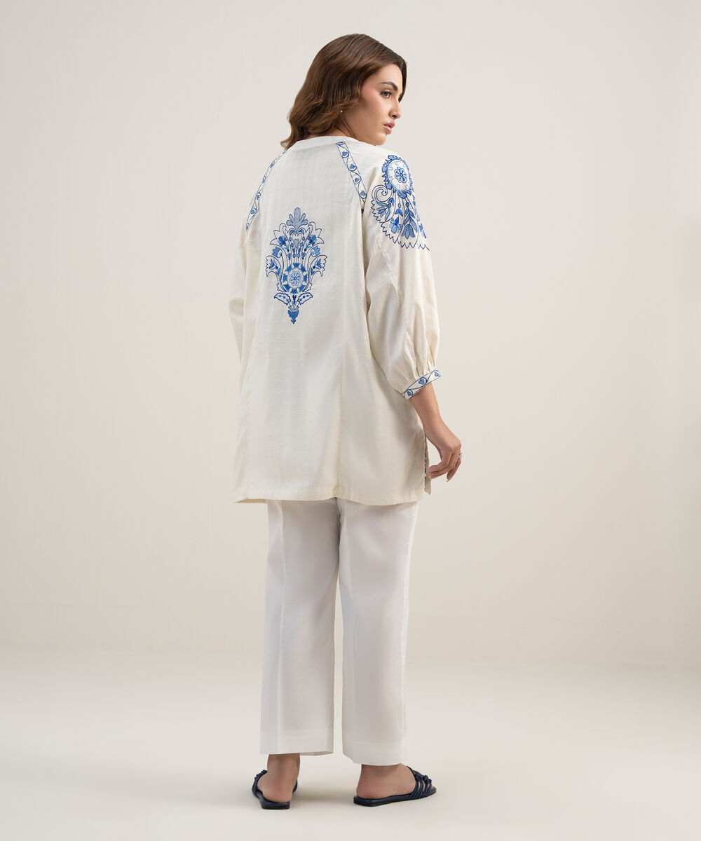 Women's RTW Dobby Embroidered Off White Drop Shoulder Shirt