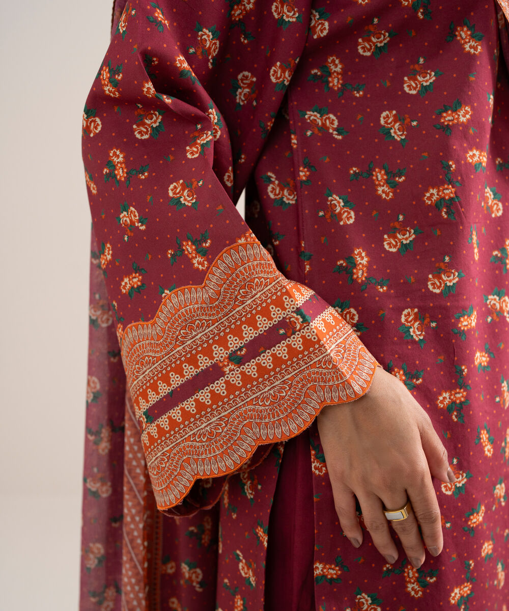 Women's Unstitched Lawn Printed Red 3 Piece Suit