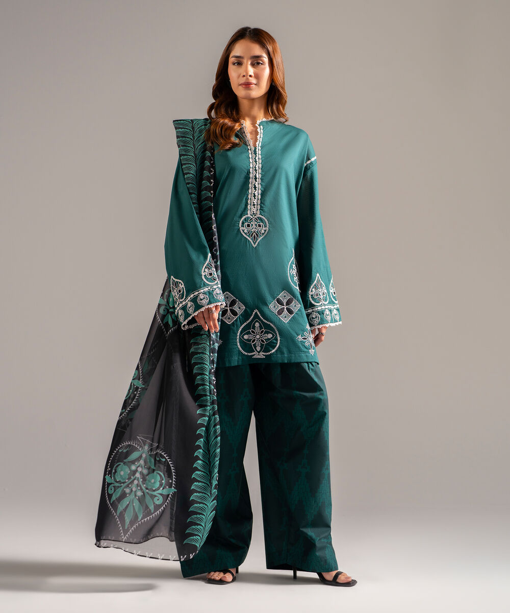 Women's RTW Dobby Embroidered Dark Green 3 Piece Suit