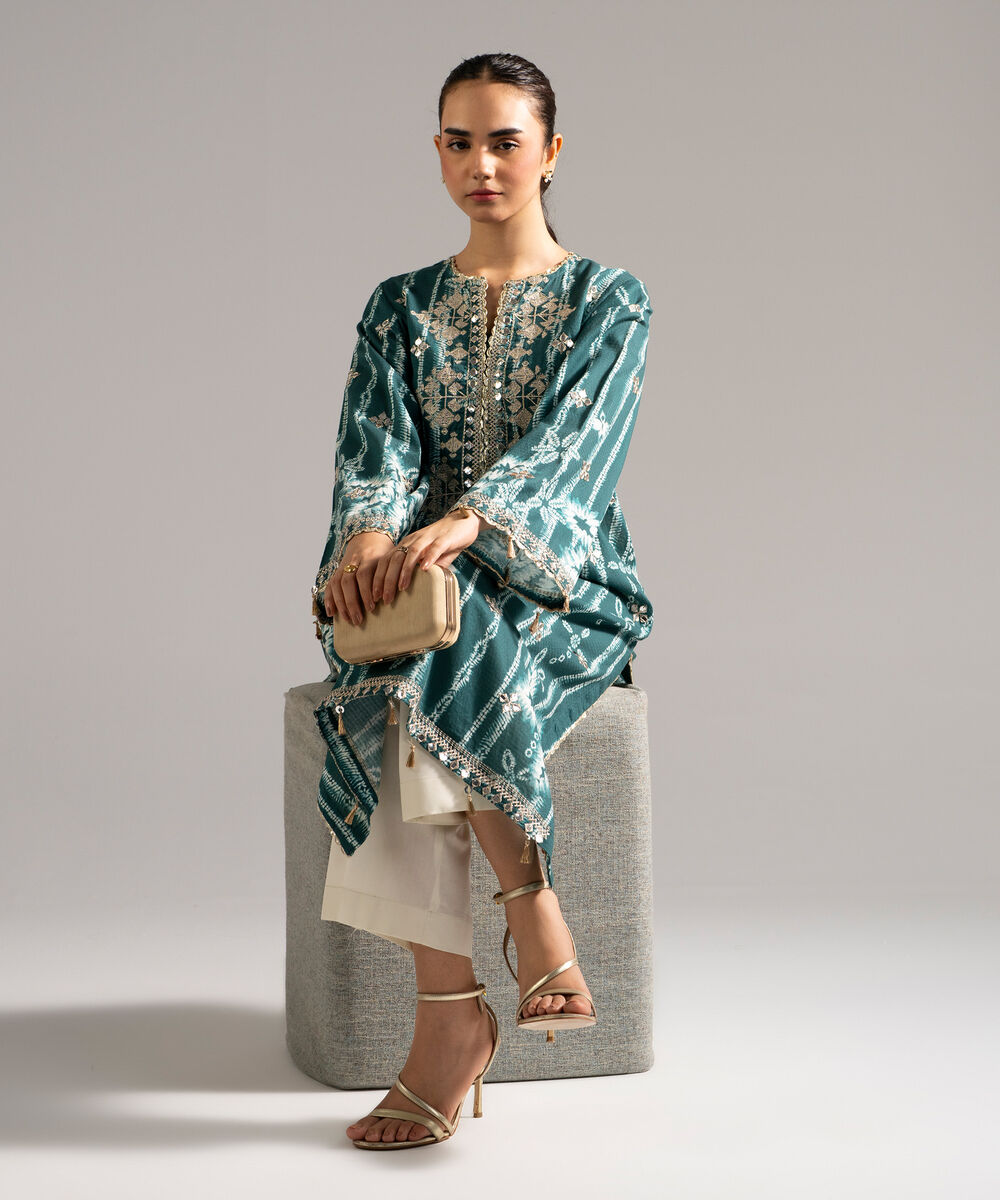 Women's RTW Dobby Embroidered Green Straight Shirt