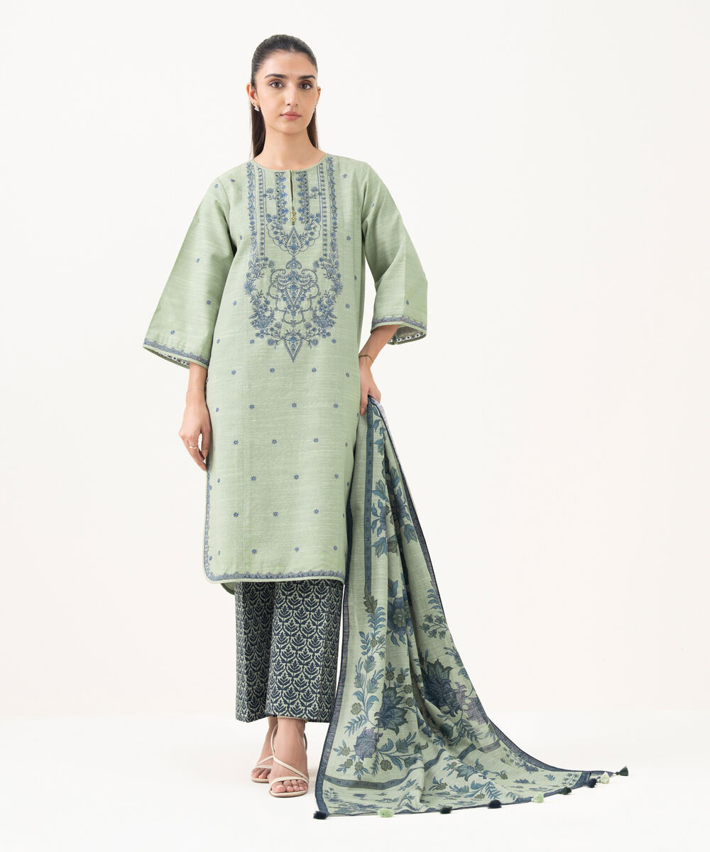 Women's Unstitched Light Khaddar Embroidered Green 3 Piece Suit