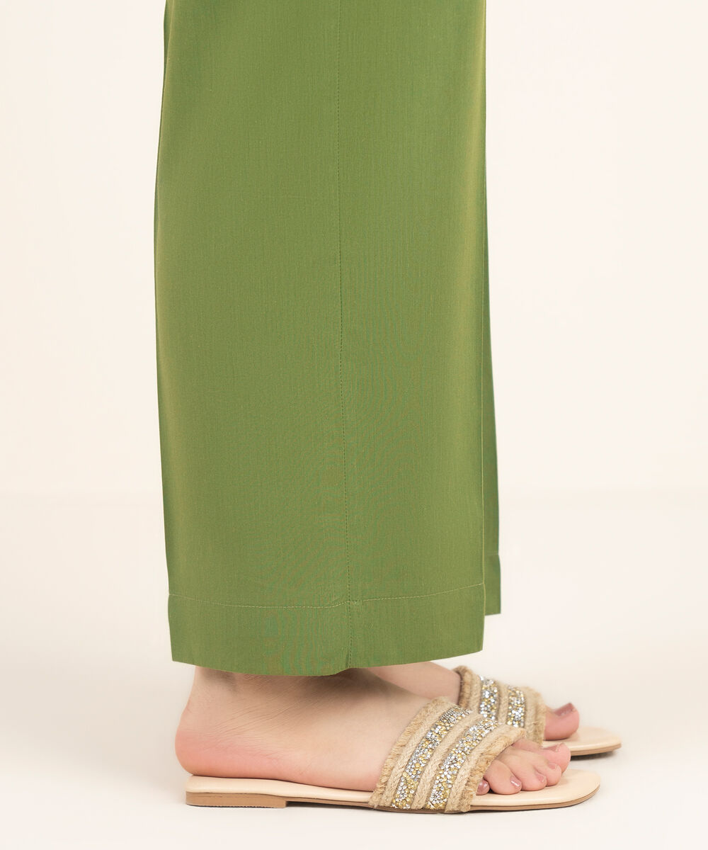 Women's RTW Cambric Solid Green Straight Pants